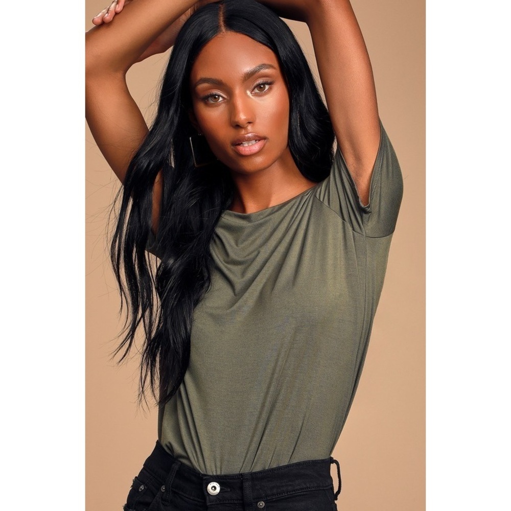 Lulus Basics Skyra Olive Green T-shirt Bodysuit - Size M